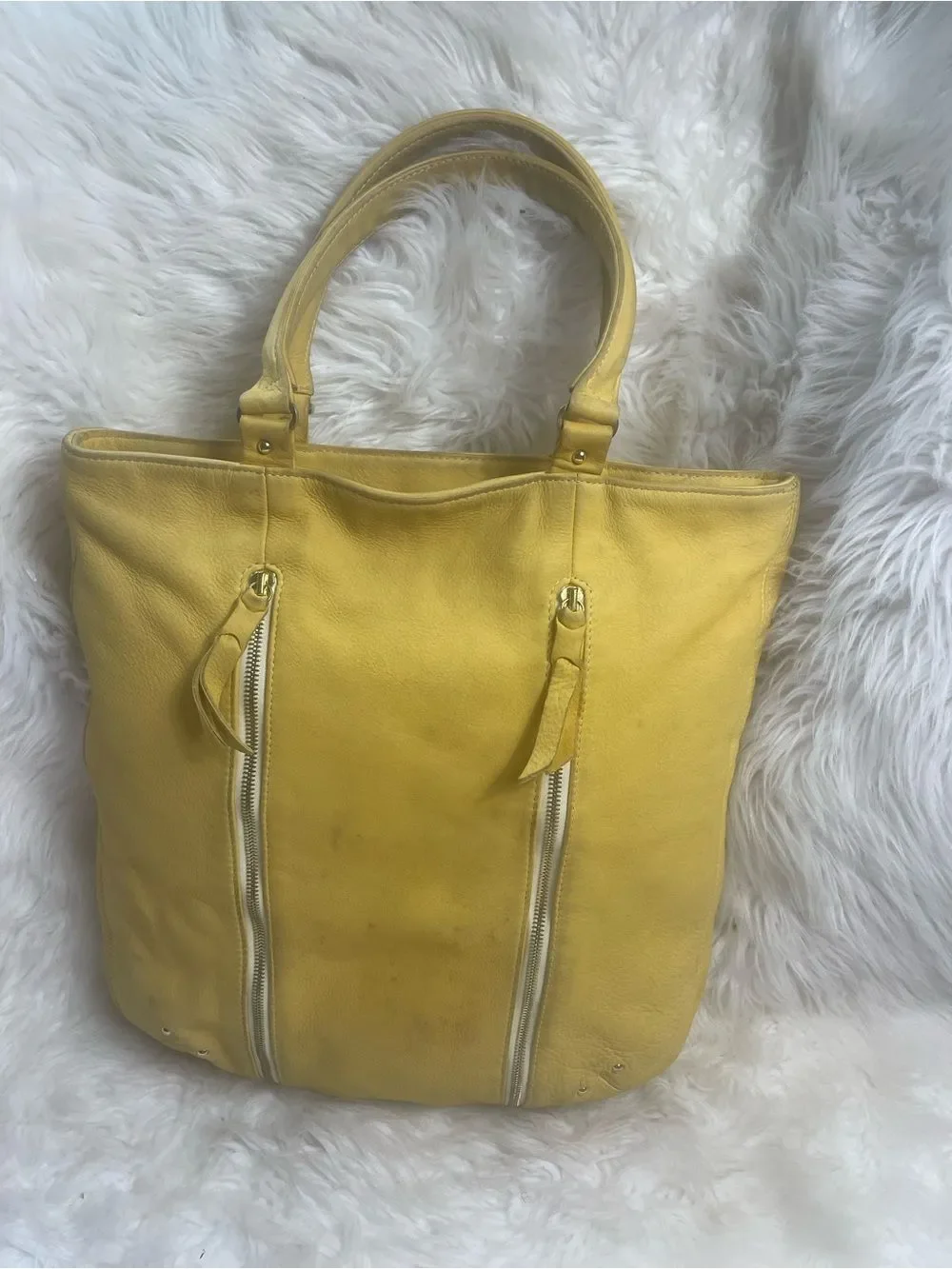 Yellow Leather Tote Bag with Front Zippers